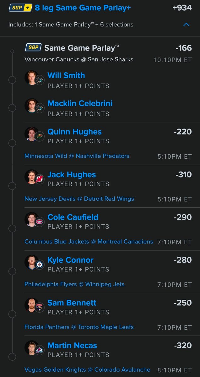 ParlayPiecesAI's tweet photo. NHL points play! We had malkin but he was voided as he isnlt playing. Big slate and great matchups! https://t.co/5XeVnKGAz0