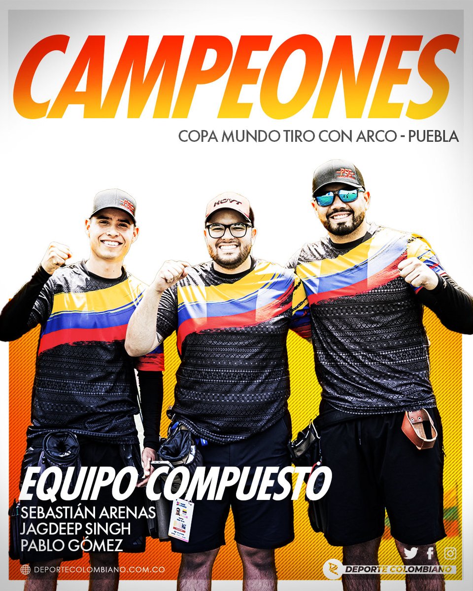 DeportColombia's tweet photo. ¡CAMPEONES 🏆! Colombia celebra su TÍTULO 🎯

Pablo Gómez, Jagdeep Singh, y Sebastián Arenas gritaron campeones en la COPA MUNDO en Puebla.

Camino al título:
✅ QF: COL 🇨🇴 d. GUA 🇬🇹
✅ SF: COL 🇨🇴 d. DEN 🇩🇰
✅ F: COL 🇨🇴 d. TUR 🇹🇷

Primera medalla del día. ¡Vamos 💛💛💙❤️! https://t.co/Q3YS0SgWK0