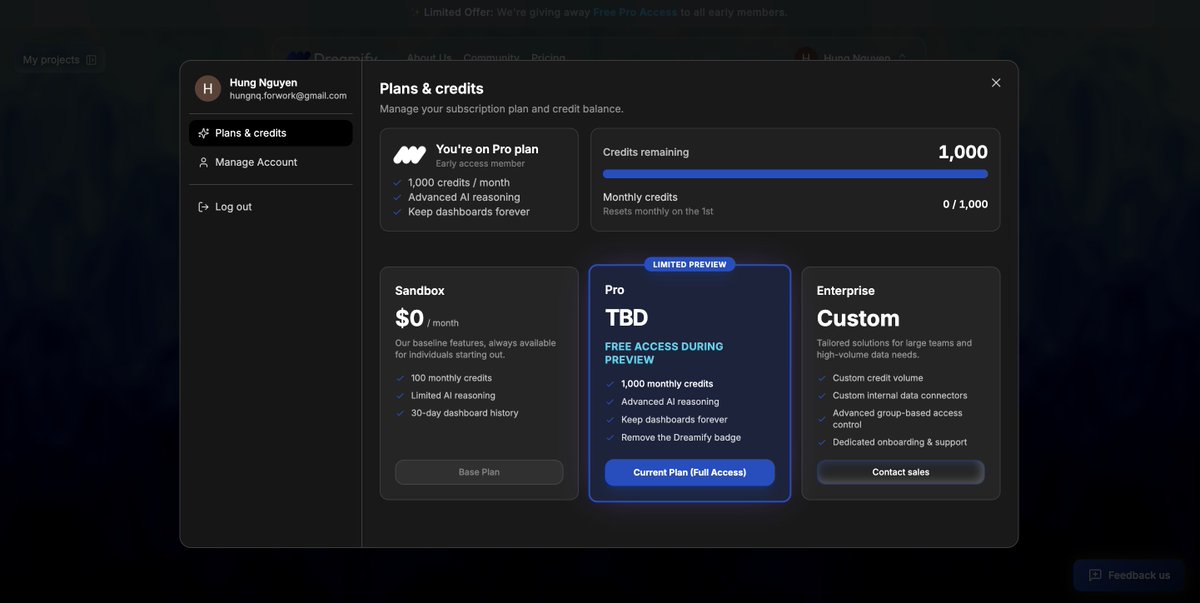 icjayson's tweet photo. we’re doing the opposite of the usual saas move

instead of start free -> hit wall -> upgrade now,

dreamify pro is free during preview

full access includes:
• 1,000 monthly credits
• advanced AI reasoning
• permanent dashboards https://t.co/fmjyvZJ7BY