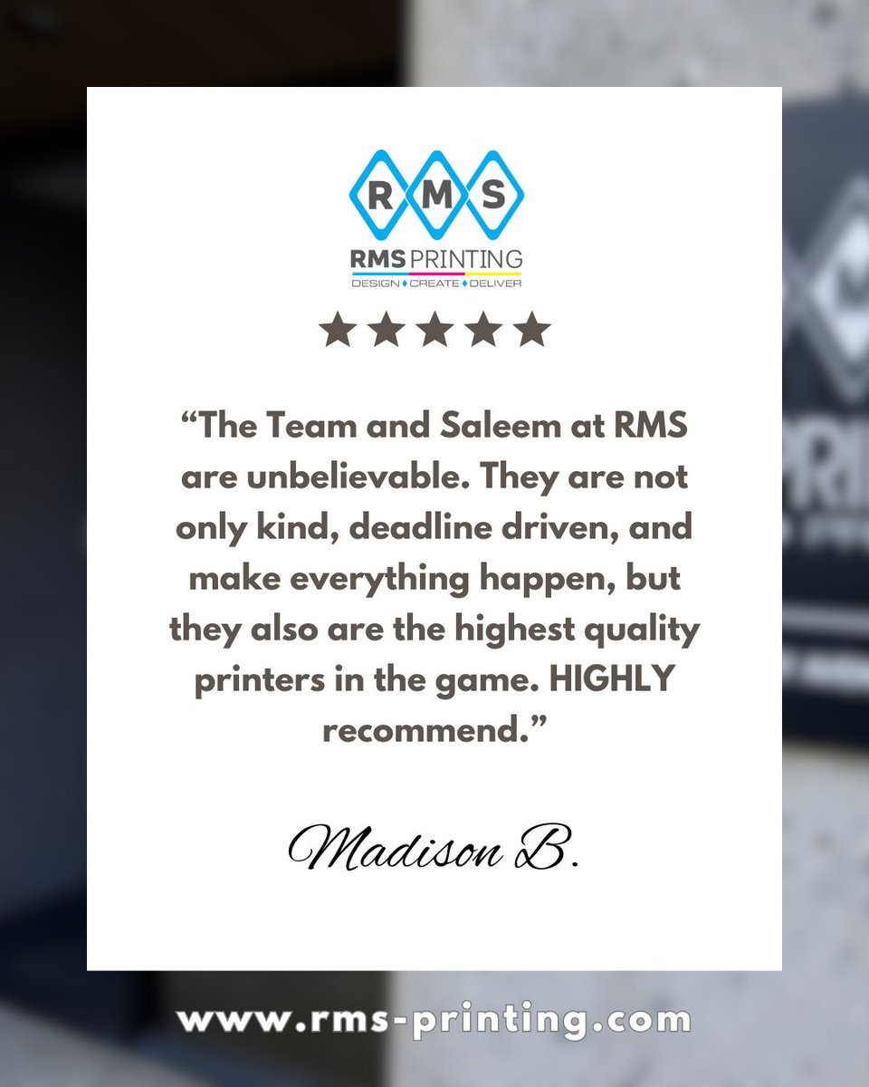 RMS_Printing's tweet photo. ⭐⭐⭐⭐⭐ Nothing means more to us than happy clients 🙌Thank you for trusting RMS Printing with your project, Madison, we appreciate you!

Need something printed? We’ve got you covered from start to finish. Send us a message: info@rms-printing.com. #conejoValley https://t.co/hk9Te2yvIN