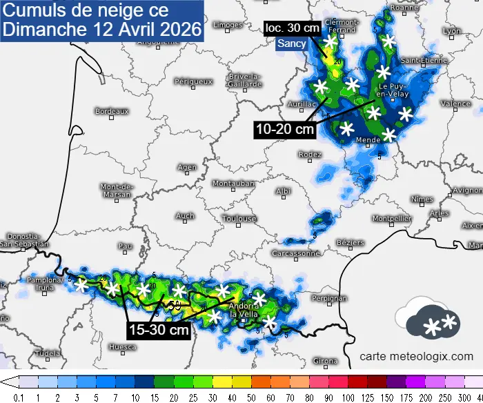 Meteovilles's tweet image. ❄️ La #neige fera un retour remarqué dans le #MassifCentral et les #Pyrénées ce dimanche 12 avril 2026, pouvant s'abaisser sous les 1000 mètres. Notre article ➡️ meteo-paris.com/actualites/la-…