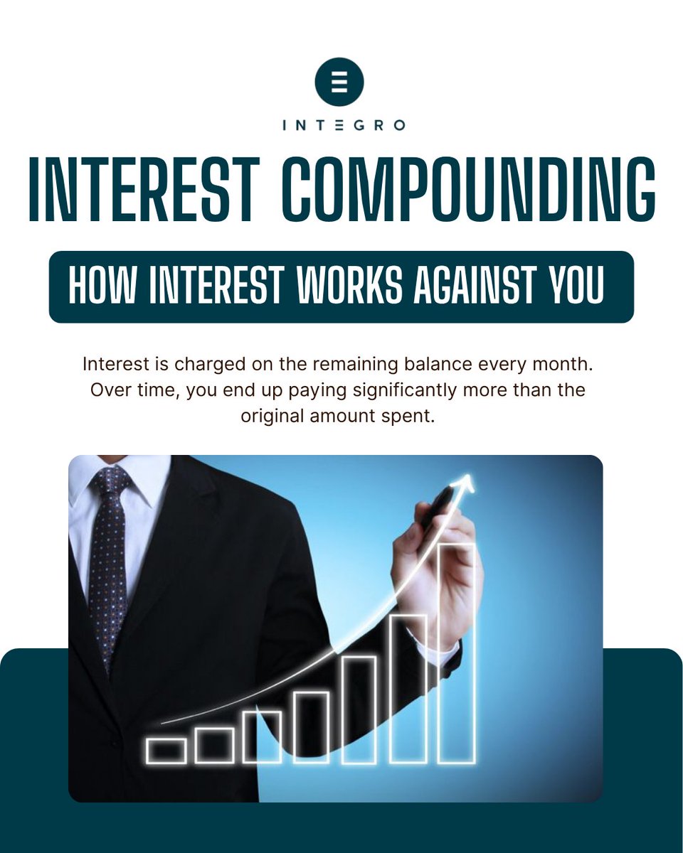 IntegroFinserv's tweet photo. Minimum payments may feel like relief, but they come at a hidden cost. You end up paying more than you originally spent due to compounding interest. What seems manageable today can turn into long-term debt tomorrow. Don’t let minimum payments become a maximum burden. #finance https://t.co/nJDLXiEKQ0
