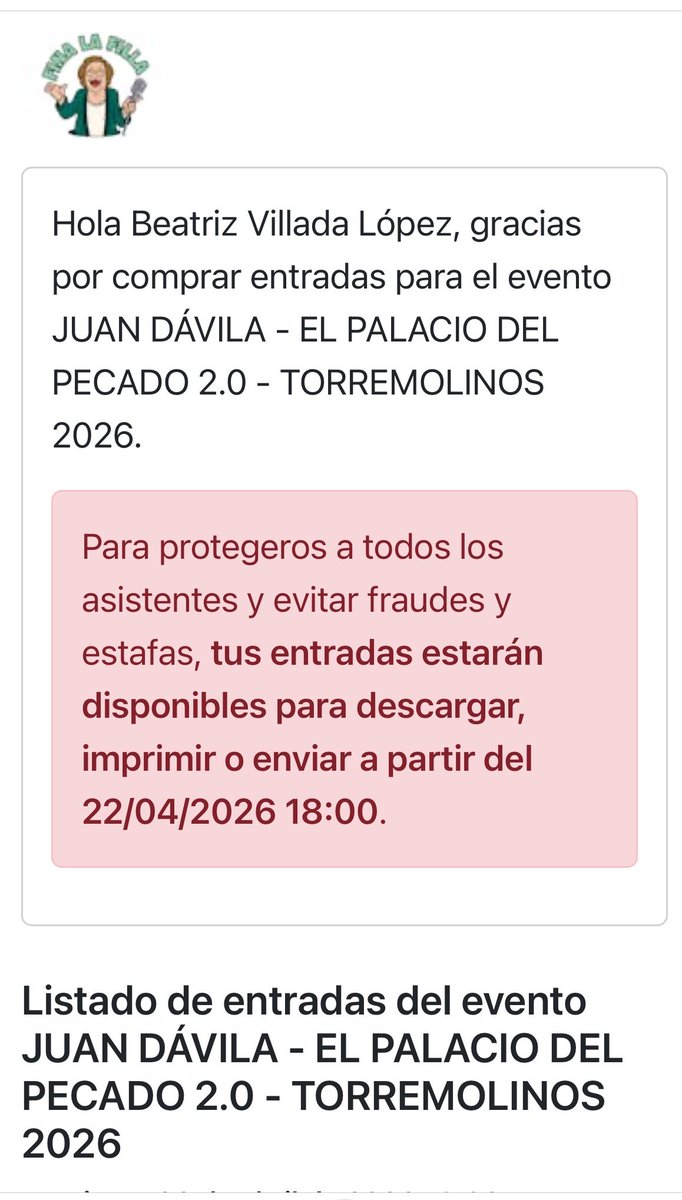 beavillada11's tweet photo. Vendo entrada de Juan Dávila para el 26 de abril a las 18 en Torremolinos.
Si te interesa escríbeme 📥 https://t.co/MwBaTL01RN