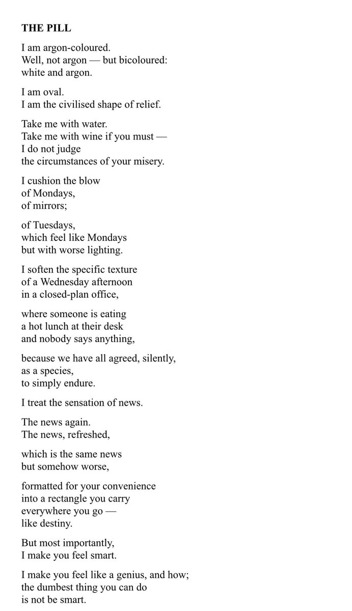 devtogup's tweet photo. The worst pill isn’t the one that numbs you.

It’s the one that convinces you you’re smarter than everyone else.

I wrote a poem about it. https://t.co/7fYOQdtM96