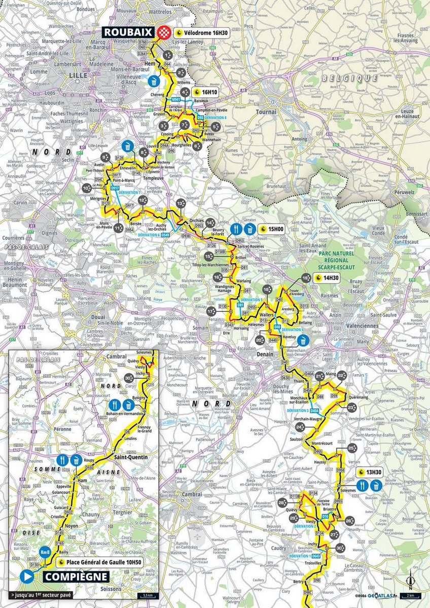 RenaudB31's tweet image. #ParisRoubaix 🪨 / 1⃣2⃣3⃣ème édition
🚩 Compiègne &amp;gt; Roubaix : 258,3km
🏁 Arrivée prévue vers 16h45
☁ Nuageux 🌡 14°C 💨 SE 14km/h 

⭐⭐⭐
🇳🇱 Van der Poel 🇸🇮 Pogačar
⭐⭐
🇩🇰 Pedersen 🇧🇪 Van Aert 🇮🇹 Ganna
⭐
🇧🇪 Philipsen 🇧🇪 Vermeersch (x2) 🇫🇷 Laporte 🇧🇪 Segaert 🇧🇪 Stuyven 🇩🇪
