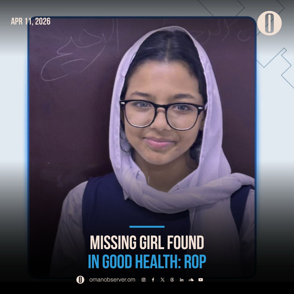 OmanObserver's tweet image. Missing girl found in good health: ROP 
@RoyalOmanPolice #Oman #OmanObserver
omanobserver.om/article/1187708