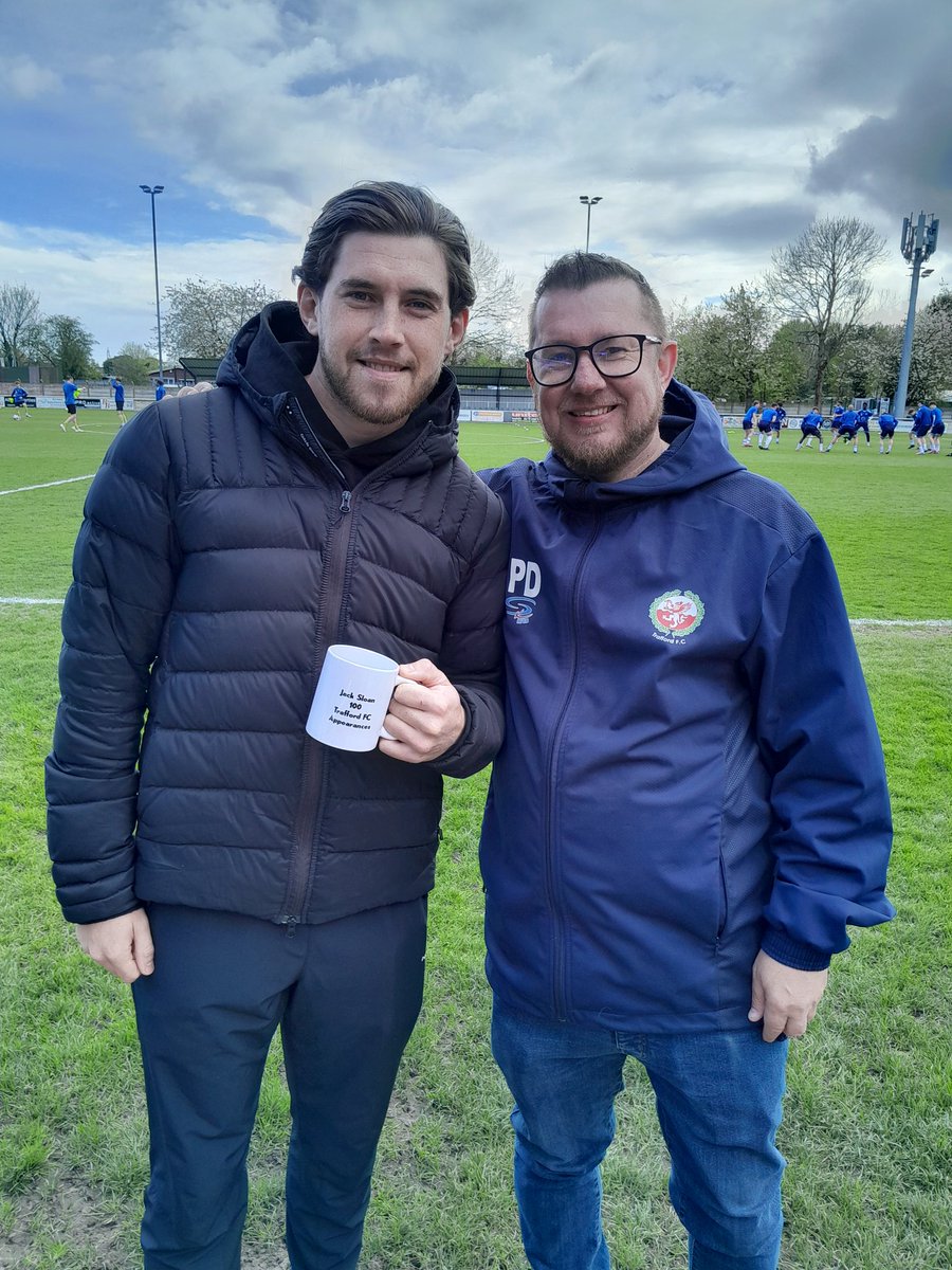 FCTrafford's tweet photo. Here's a bit of a #feelgoodfactor for you: @Jacksloan2002 made his 100th appearance for Trafford last week, so received his 100Mug from PD before today's game. He couldn't make his 101 today 'cos he was suspended for getting sent off😂 @TraffordFCSC https://t.co/tcRG4zKqbN