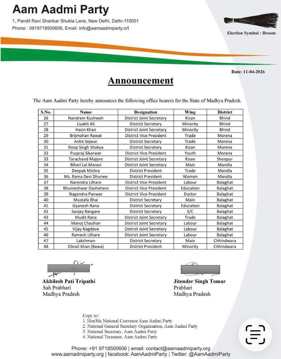 Announcement💫💫💫

संगठन विस्तार के तहत प्रदेश प्रभारी माननीय <a href="/JSTomarAAP/">Jitender Singh Tomar</a>  जी ने मध्यप्रदेश के 48 सदस्यीय प्रदेशस्तरीय एवं विभिन्न जिलों के पदाधिकारियों की घोषणा की।

 सभी नवनियुक्त पदाधिकारियों को हार्दिक बधाई।

🌺🌺🌺🌺🌺🌺🌺🌺🌺🌺🌺

#AAPforMP 
<a href="/ArvindKejriwal/">Arvind Kejriwal</a>