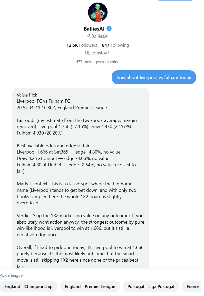 BalliesAI's tweet photo. WINNING ALERT 🚨

Liverpool 2-0 ✅

AI said:
No value ❌
Bad price ❌

But also:
Liverpool most likely winner ✅

Short term: correct.
Long term: not a good bet.
That’s the difference. https://t.co/hNLUu7Ko8s
