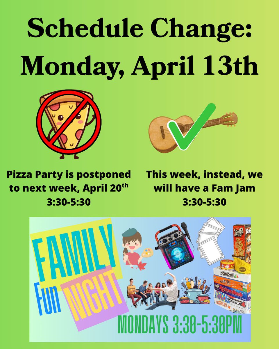 SCHEDULE CHANGE - MONDAY, APRIL 13TH
This week's planned make-your-own pizza party is postponed to next Monday, same time. Instead, this week we will have a Family Jam in the Children's Room.