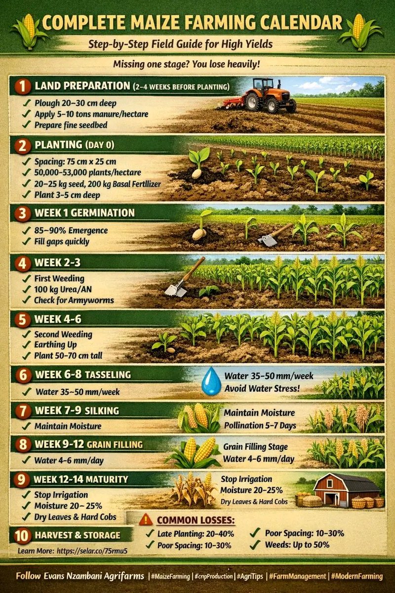 MAIZE FARMING CALENDAR: STEP-BY-STEP GUIDE TO HIGH YIELDS

Successful maize production begins with proper land preparation carried out 2–4 weeks before planting. The land should be ploughed to a depth of 20–30 cm and well-decomposed manure applied at a rate of 5–10 tons per