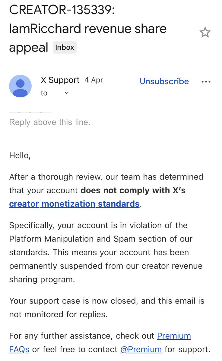 IamRicchard's tweet image. Payouts were slowly climbing:  
$16.90  
$18.11  
$39.46  
$66.61  
$54.55  
$53.85  
$73.81  
$71.72

Then one day in 2026:  
Your account has been permanently suspended from creator revenue sharing program.

Goodbye to all future earnings.