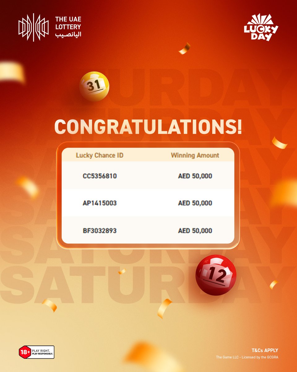 theuaelottery's tweet image. Congratulations to all the winners of today’s Lucky Day Draw #260411! 🎉
Check your tickets now and see the winning numbers on our website.

Save the date – the next draw is on April 15, 2026!
#TheUAELottery #LuckyDay #DareToImagine