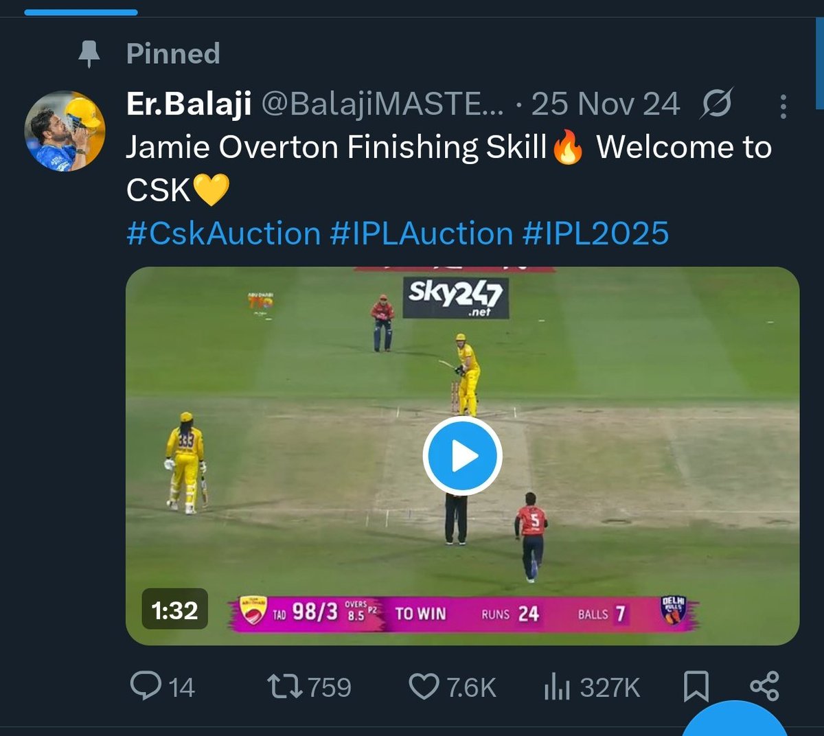 BalajiMASTER7's tweet photo. I think I am the first person to trust this man @JamieOverton💛.. @ChennaiIPL welcome back to winning ways  #whistlepodu🎇 https://t.co/K8fFhRG9g6