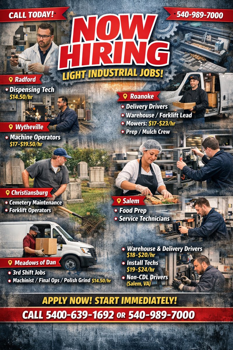 🔧 NOW HIRING! Join our team in Radford, Wytheville &amp; Meadows of Dan. Roles include Dispensing Tech, Machine Operators &amp; Machinists. Immediate start! 📞 Apply now: 540-639-1692 / 540-989-7000 💼 #Jobs #Hiring #IndustrialJobs