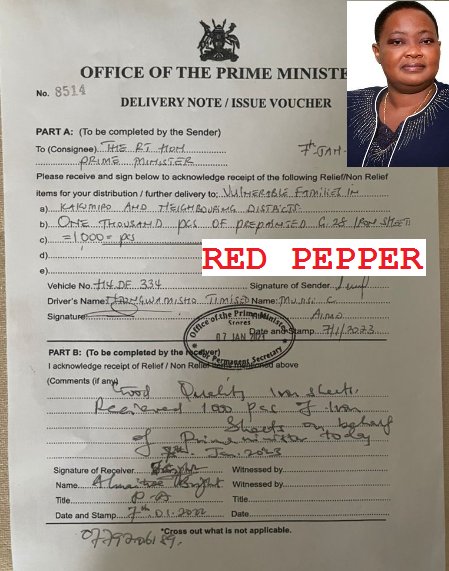 RedPepperUG's tweet photo. #MABAATI #BONANZA 

On Jan 7, 2023, PM @R_Nabbanja received 1000 iron sheets meant for vulnerable families in Kakumiro &amp; neighbourings. Picked from @OPMUganda  via car Reg. No H4DF 334; received by PA Bright Alinaitwe; driver identified as Ntungwameisho Timiseo. https://t.co/rKzooduVEs