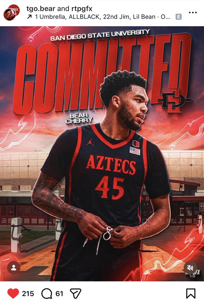 Great addition via the portal for SDSU — “Bear” Cherry is a native San Diegan that averaged nearly 16 points and over eight rebounds last season at Sac St. 🔴⚫️