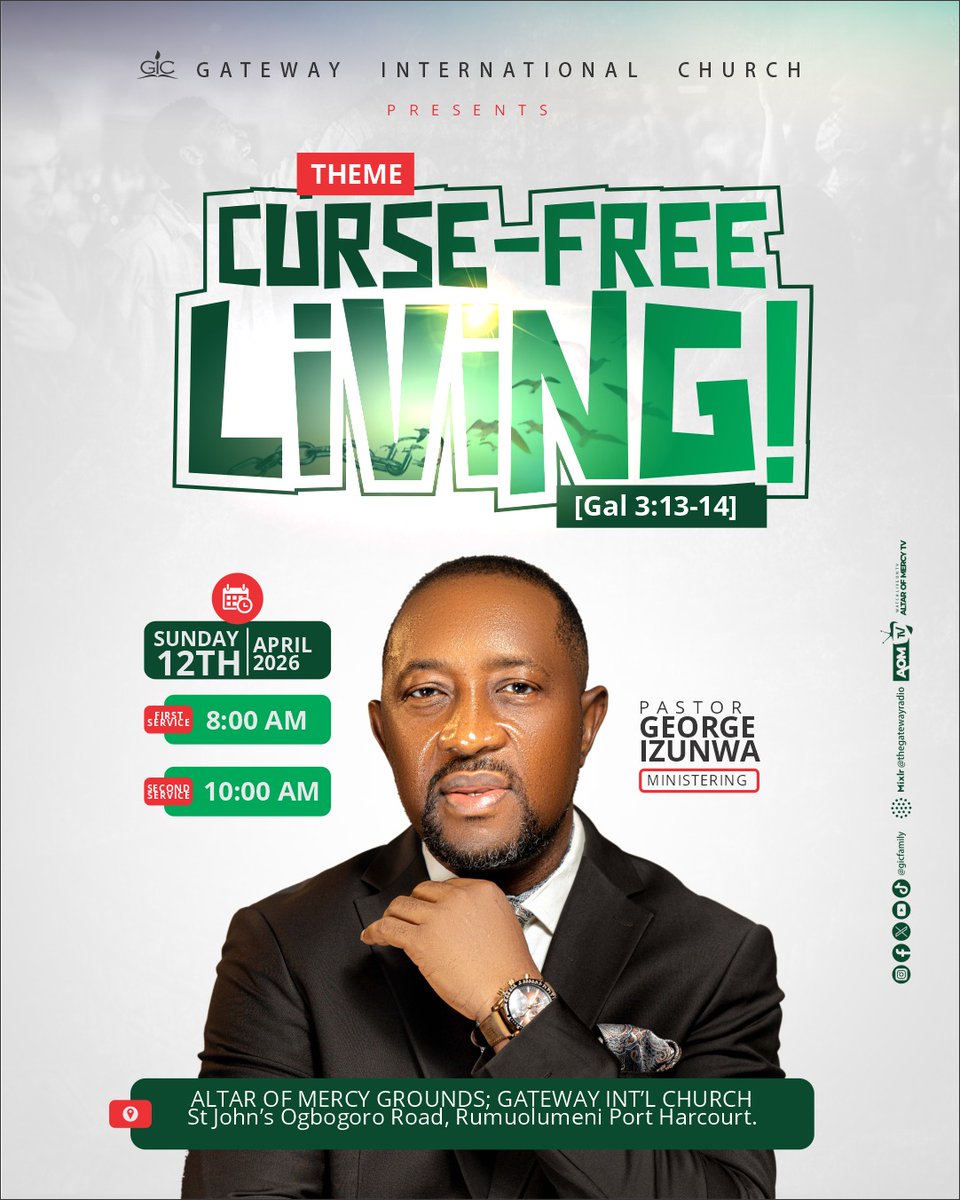 Georgeizunwa's tweet photo. Family, we begin our April Sunday series, “Curse-Free Living,” tomorrow! It will be a powerful time in the Word &amp; fellowship with the Holy Spirit!

Join us by 8AM &amp; 10AM (WAT) @ Gateway International Church - Altar of Mercy Grounds.

Jesus Exceeds Expectations!
#SundayAtGateway https://t.co/HaFmkbQx0i