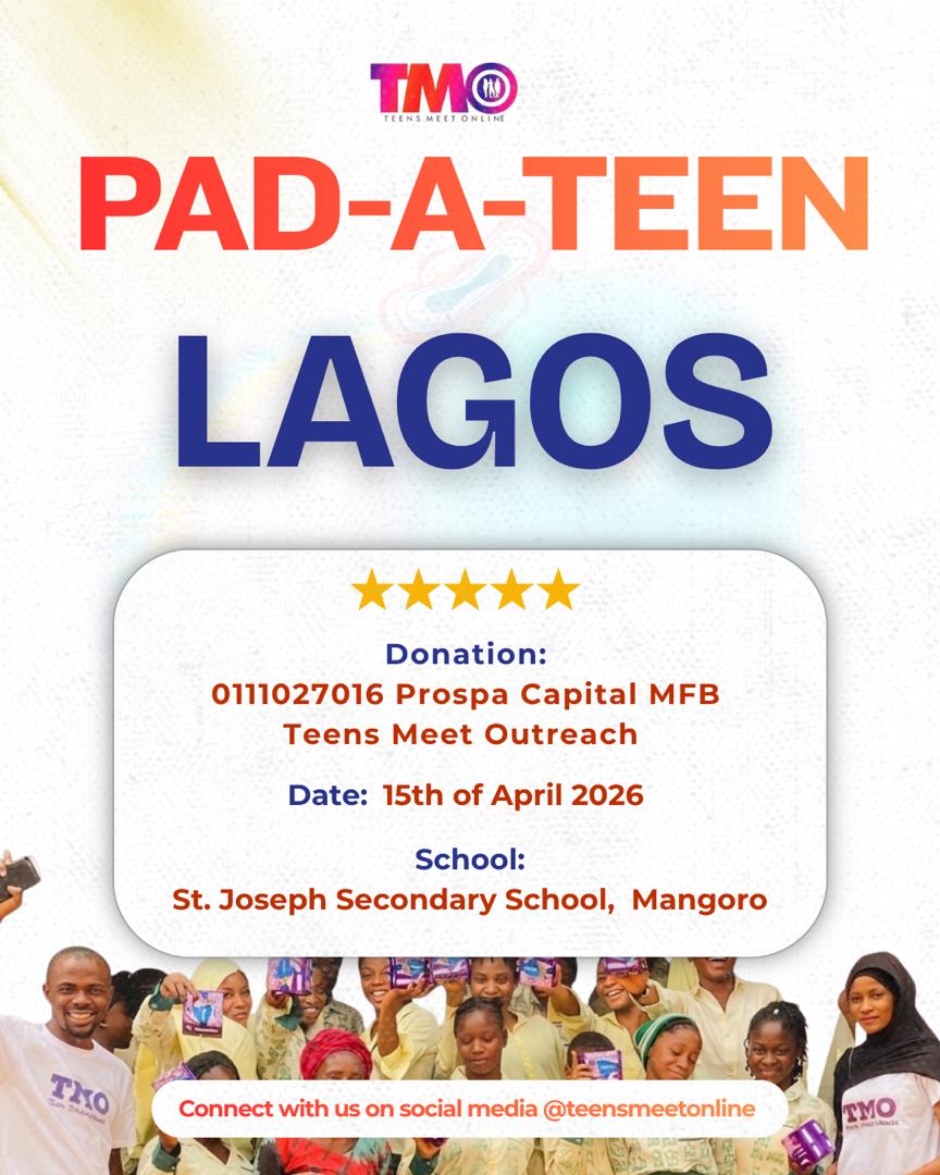 Lagos, it’s your turn! 
Pad-A-Teen Outreach is coming to St. Joseph Secondary School, Mangoro; empowering girls with dignity &amp; support.

This is 2 of 3 outreaches. We’re still receiving donations!

Donate:
0111027016
Prospa Capital MFB
Teens Meet Outreach

#PadAteen #TMO