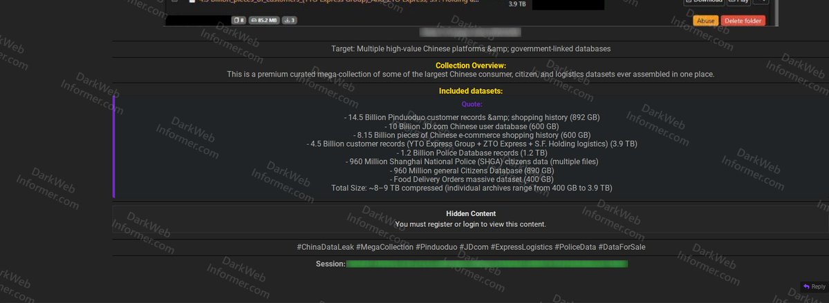 DarkWebInformer's tweet image. ‼️🇨🇳 A massive collection of Chinese databases totaling 50 billion+ records has allegedly been posted on a popular cybercrime forum.

Threat Actor: PixieSteed
Category: Data Breach / Mega Collection
Target: Multiple high-value Chinese platforms and government-linked databases