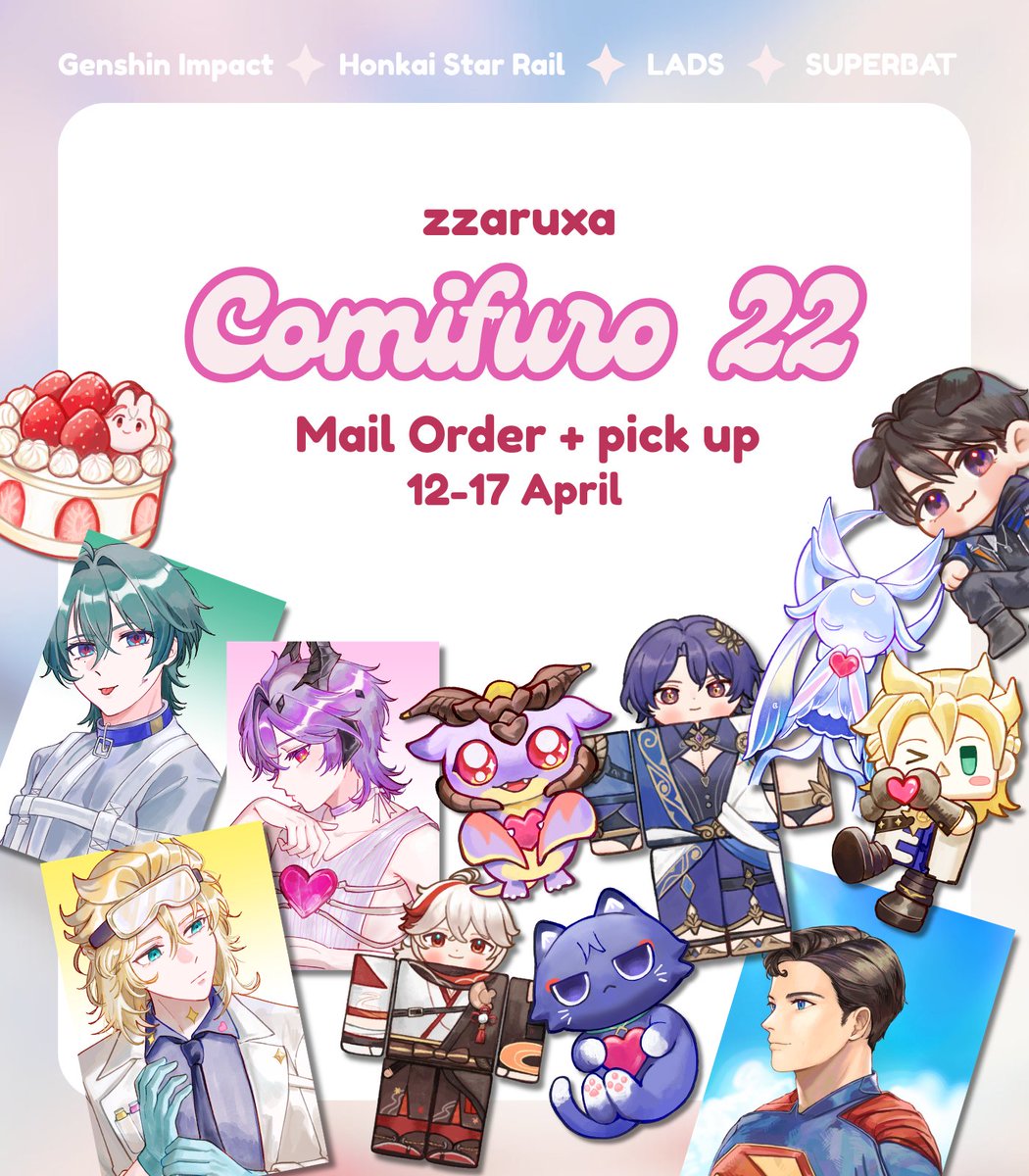 zzaruxa's tweet photo. ❤️&amp;🔄are really appreciated 🫶

🍏12-17 April
🍎Genshin Impact, HSR, LADS Caleb, Superbat
🍏GO please dm first
🍎PO🔗&amp; Giveaway rules down below ⤵️

[1/5]

#Comifuro22catalogue #Comifuro21 #CF22 https://t.co/OwnxIeyze2