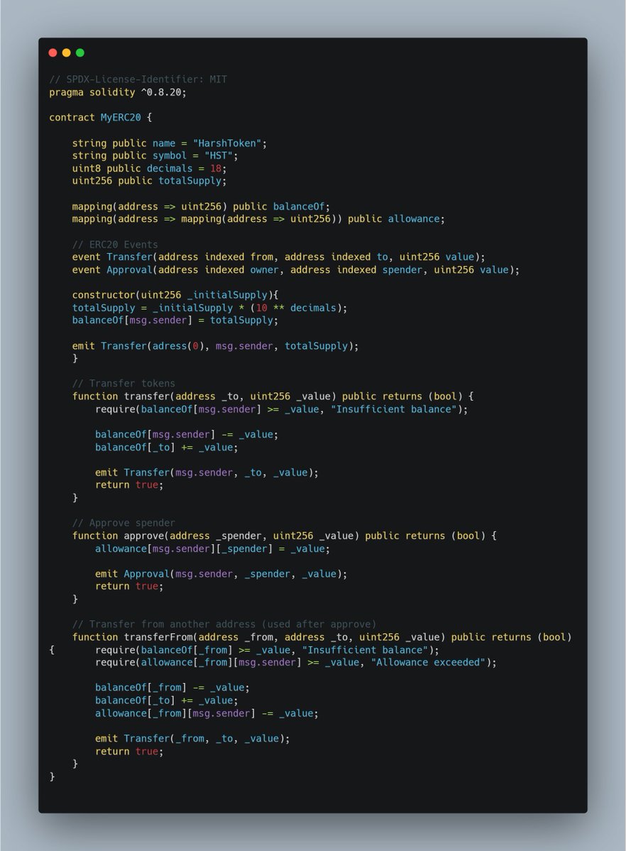 hrshjswni's tweet image. Day 11/30 – Built my own #ERC20 token. ⚒️
Learned:
• #Token fundamentals (supply, balances)
• transfer, approve, transferFrom flow
• How allowances enable delegated spending
Now seeing how tokens actually power #DeFi

What’s the most common mistake while implementing ERC20? 🤔