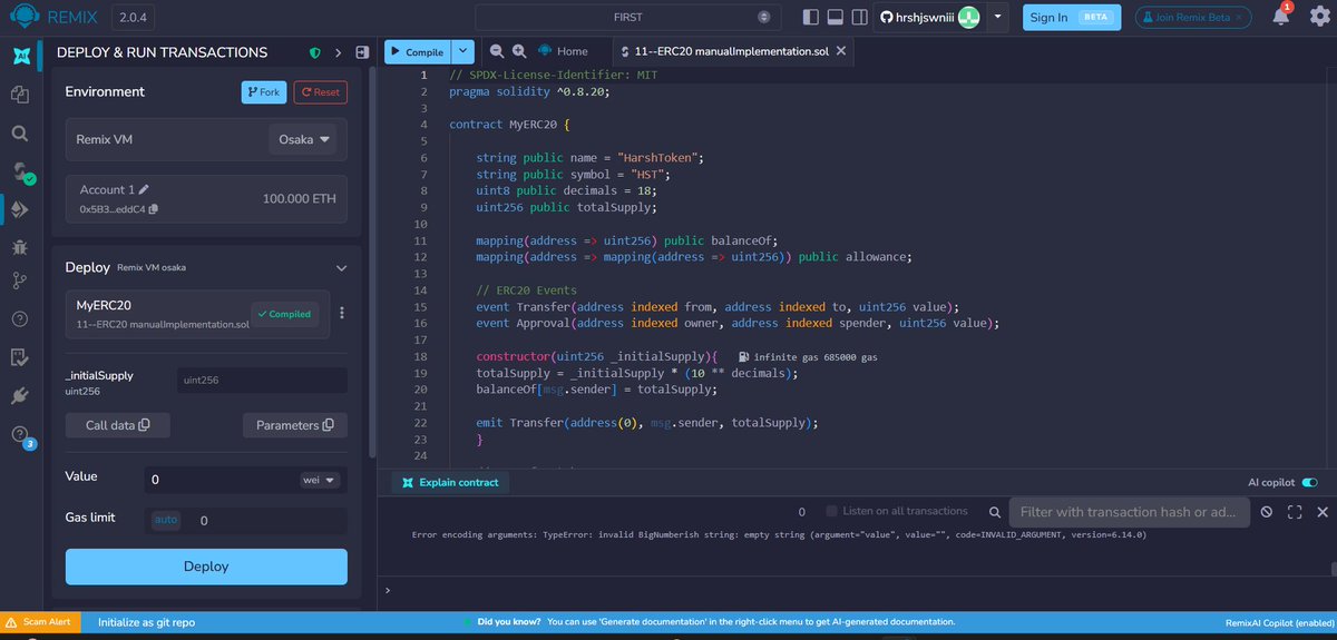 hrshjswni's tweet image. Day 11/30 – Built my own #ERC20 token. ⚒️
Learned:
• #Token fundamentals (supply, balances)
• transfer, approve, transferFrom flow
• How allowances enable delegated spending
Now seeing how tokens actually power #DeFi

What’s the most common mistake while implementing ERC20? 🤔