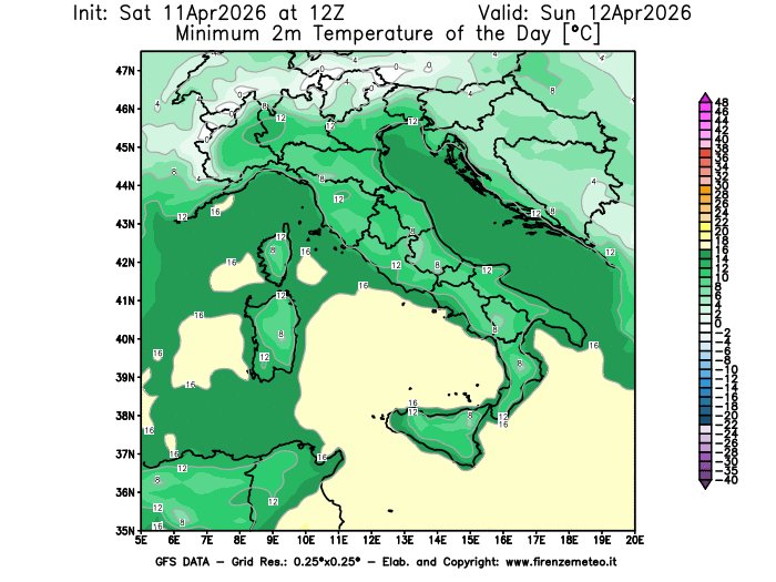 firenzemeteoit's tweet image. #Temperature #minime e #massime previste in Italia domani (12/04/2026) dal global model GFS.
Link ITA: firenzemeteo.it/maps/gfs-tempe…

#Minimum and #maximum temperatures forecast in Italy tomorrow (12/04/2026) by the GFS global model.
Link ENG: firenzemeteo.it/en/maps/gfs-ma…