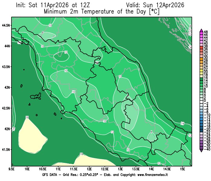 firenzemeteoit's tweet image. #Temperature #minime e #massime previste in Italia domani (12/04/2026) dal global model GFS.
Link ITA: firenzemeteo.it/maps/gfs-tempe…

#Minimum and #maximum temperatures forecast in Italy tomorrow (12/04/2026) by the GFS global model.
Link ENG: firenzemeteo.it/en/maps/gfs-ma…