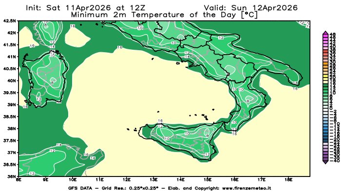 firenzemeteoit's tweet image. #Temperature #minime e #massime previste in Italia domani (12/04/2026) dal global model GFS.
Link ITA: firenzemeteo.it/maps/gfs-tempe…

#Minimum and #maximum temperatures forecast in Italy tomorrow (12/04/2026) by the GFS global model.
Link ENG: firenzemeteo.it/en/maps/gfs-ma…