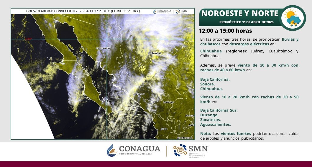conagua_clima's tweet photo. #Lluvias y #Chubascos, #DescargasEléctricas y #Rachas de #Viento de 30 a 60 km/h, se pronostican para regiones del noroeste, norte, noreste y occidente de #México, en las próximas horas  ⬇️ https://t.co/P2GijQbawn