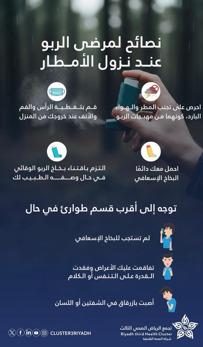 🫁 | الأمطار قد تحفّز نوبات الربو، لذا احرص على الوقاية واتباع الإرشادات 🌧️ 

#معلومة_تهمك 
#تجمع_الرياض_الصحي_الثالث