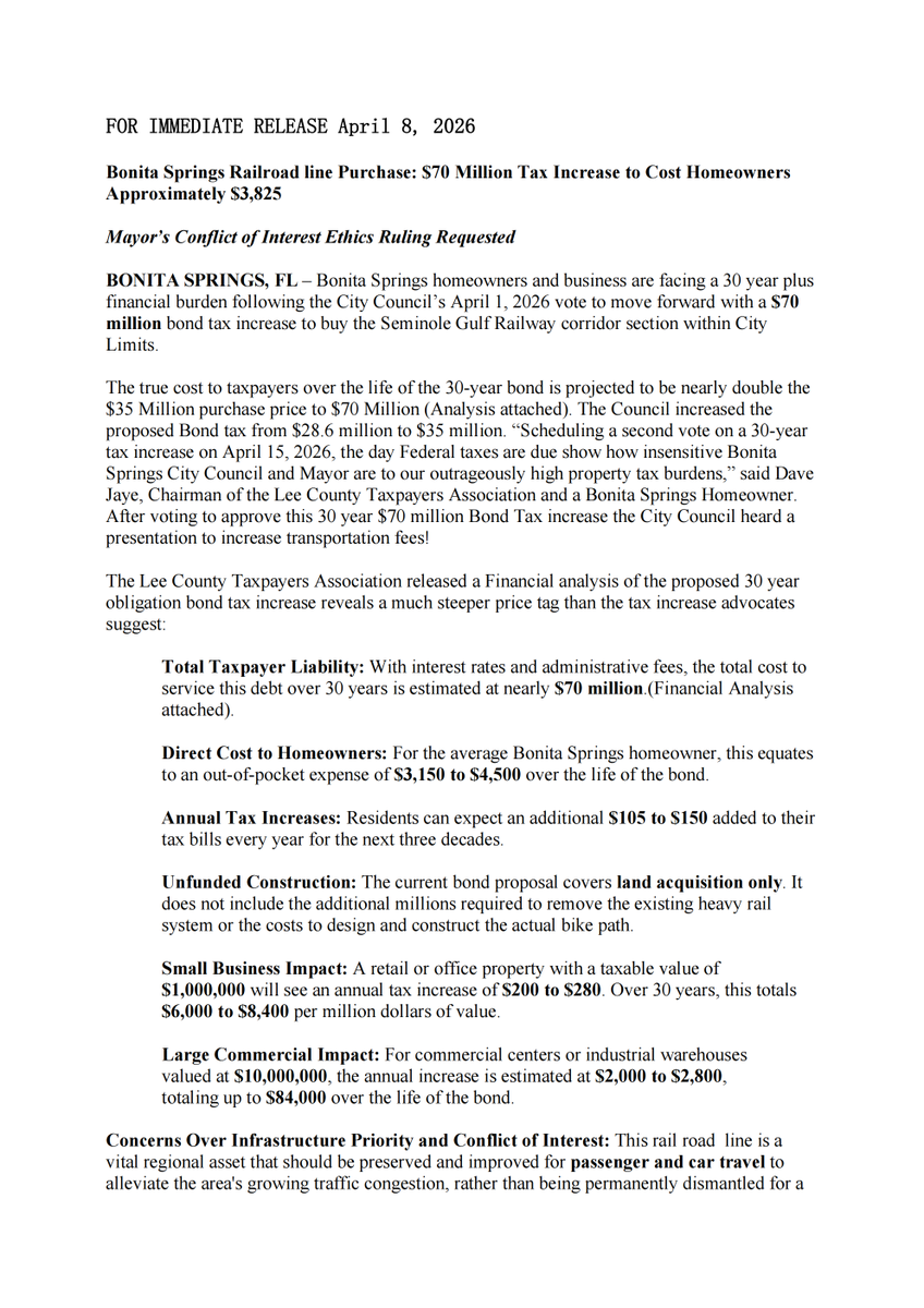 DaveJaye's tweet photo. MAYOR MIKE GIBSON CONFLICT OF INTEREST — Ethics Ruling RequestedThe Lee County Taxpayers Association has formally asked the Bonita Springs City Attorney: Can Mayor Gibson vote on the $70 million, 30-year property tax increase for a bike trail when his own bike shop (Engel’s Bicycles) sits just 500 feet away?Florida Statute 112.3143(3)(a) prohibits local officers from voting on measures that create “special private gain.”We demand the City Attorney’s official opinion be made PUBLIC by April 14, 2026 — before the Mayor’s vote on April 15.This massive tax hike is being rushed to the low-turnout August 18 election (~24% turnout) instead of the high-turnout November 3 general election.This is about basic ethics and accountability.RT if you believe elected officials should NOT vote to spend taxpayer dollars in ways that directly enrich themselves.#BonitaSprings #ConflictOfInterest #TaxpayersFirst #EthicsMatter