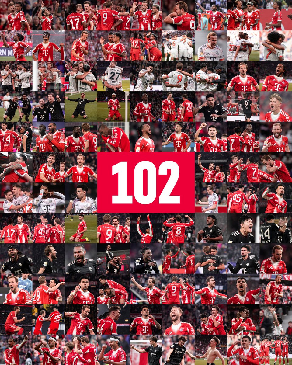 Score9app's tweet photo. Bayern have shattered Bundesliga single-season goals record – previously 101 – with 5 games still to play

After 53 years, 9 months, 2 weeks &amp; 1 day, record finally has a new owner

🐐✨ Legendary by Bayern

📸 Pictured: Bayern’s official post when they broke record at 102 goals. https://t.co/oXXX1yiOjZ