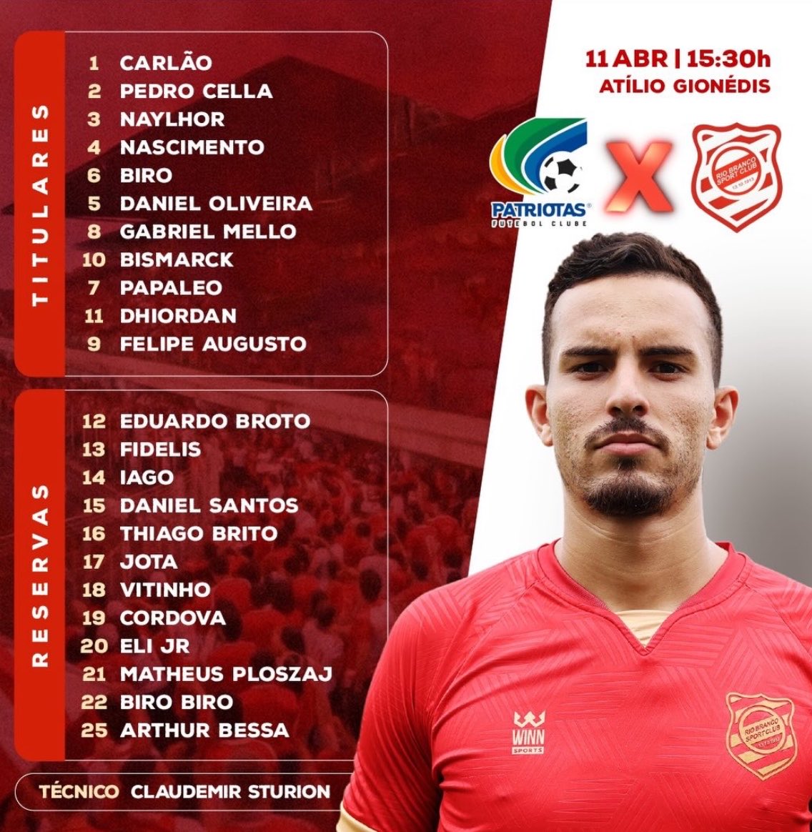 RioBrancoPR's tweet photo. Rio Branco escalado para o confronto diante do patriotas.
Vamos juntos, Leão! Em busca dos 3 pontos fora de casa.
#RBSC #segundona2026 https://t.co/GSqOuJYVjE