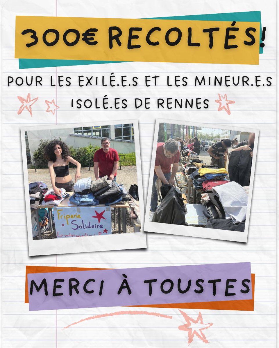 🔥 300€ RÉCOLTÉS POUR LES EXILÉ.E.S ET MINEUR.E.S ISOLÉ.E.S : Un grand merci à toustes d'être venu à la friperie solidaire lors du village antifa ! 
Les fonds récoltés seront remis au CIAMIR et au collectif des mineur.e.s isolé.e.s de Rennes !