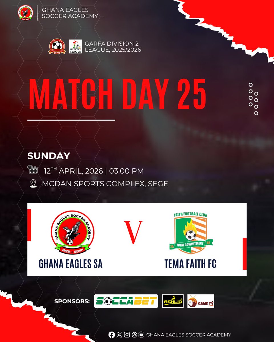 gesa_fc's tweet photo. We face Tema Faith FC tomorrow. 

Come support the Eagles at the McDan Sports Complex, Sege 🔥⚽️🦅✊🙏!

#GESAFC #GESA #Eagles #GARFADivision2League https://t.co/q6Zd8K218C
