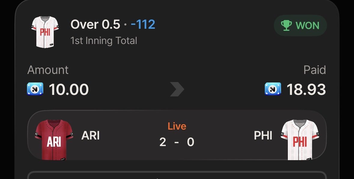 schwatna's tweet photo. One down. The day is just getting started tap in. Link in bio  #Gambling𝕏 #discord #mlb #firstinning #nrfi #yrfi https://t.co/WMDNTlgXTB