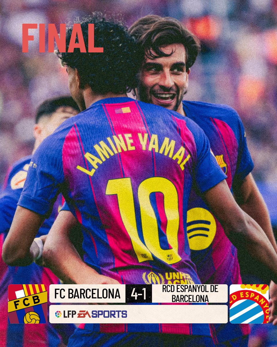 LaLiga's tweet photo. FINAL #BarçaEspanyol 4-1

💙❤ ¡El @FCBarcelona_es se lleva la victoria en el derbi catalán!

#LALIGARETRO https://t.co/LG4OOhd3EB