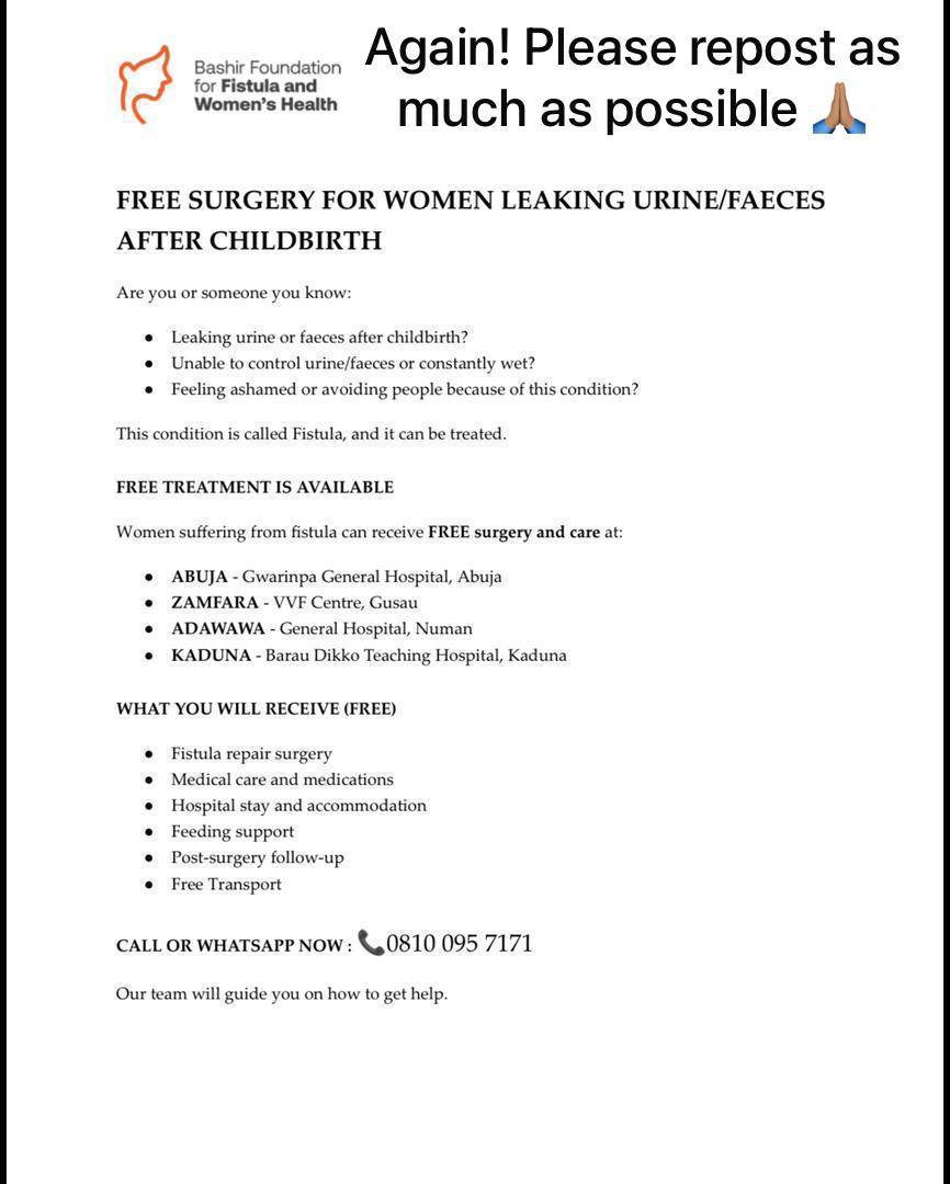 Free surgery!!! 😱😱
Free medical attention! 
If you know anyone, you can forward this to them
