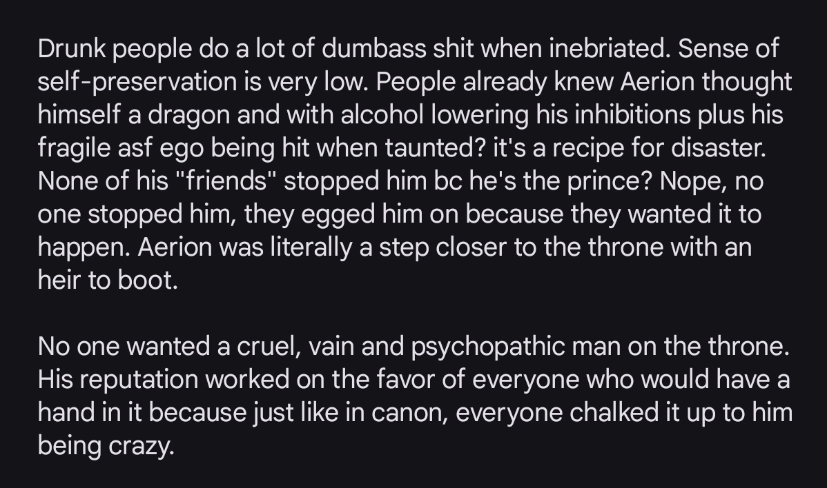 SnarkTealicious's tweet photo. i always thought aerion's death wasn't bc of his madness or an accident but a political move. a lot of fans forget tht aerion was literally drunk, so deep in his cups when he drank wildfire. plus the fact tht wildfire was conveniently on hand while he was w/ his "friends"? https://t.co/DJMvEOILAh