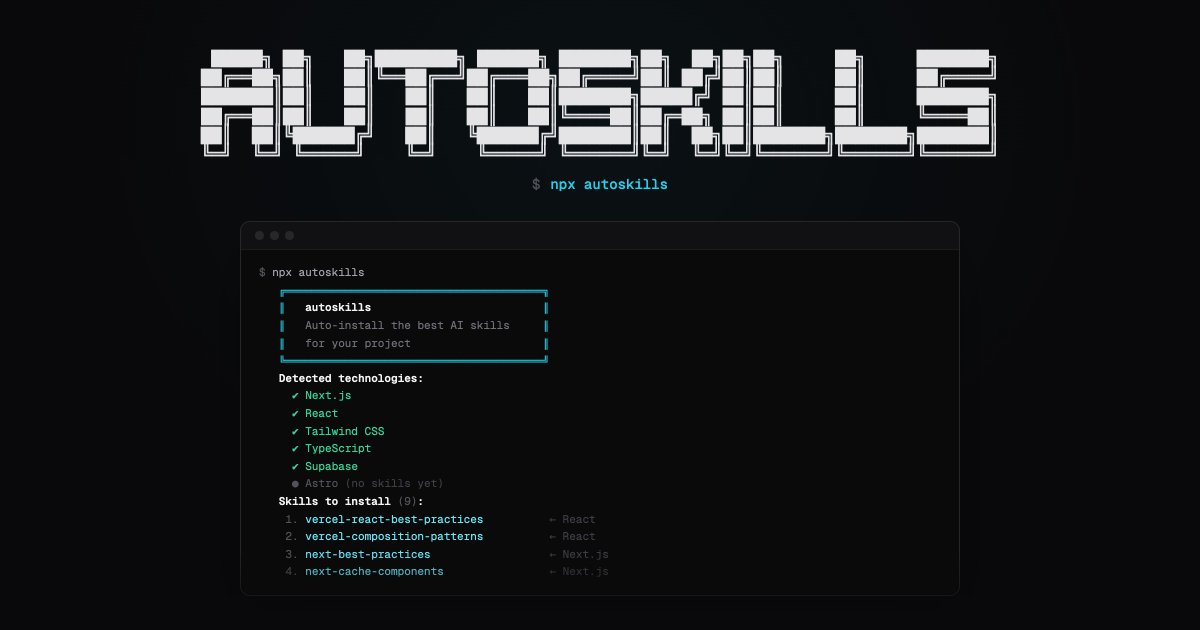 autoskills CLI: auto-detects Next.js, React, Tailwind CSS, TypeScript, Supabase and installs 9 matching skills from the registry