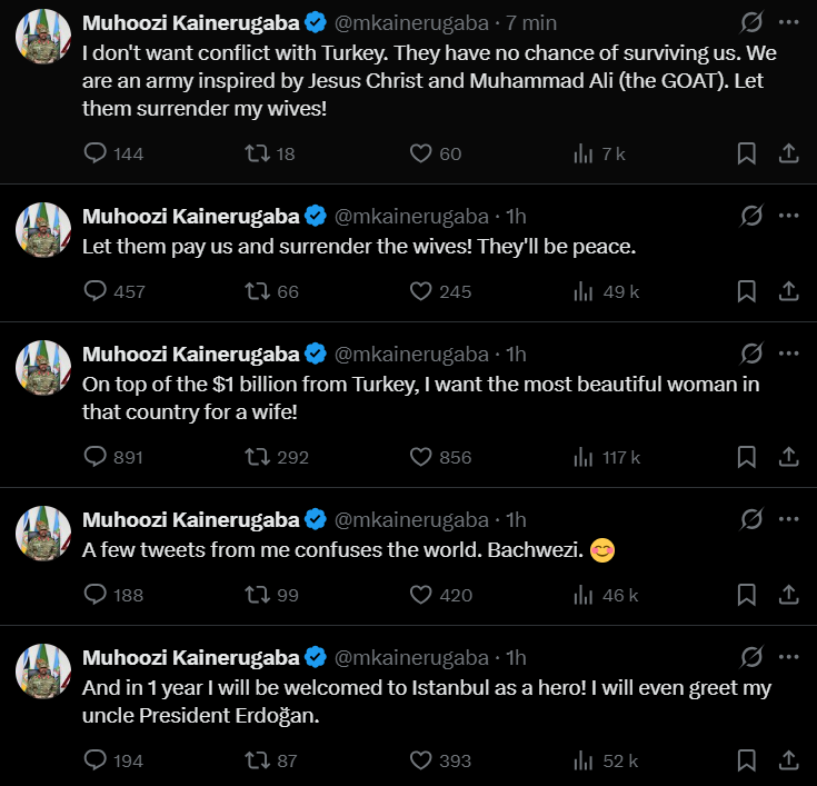 OSINTathena's tweet image. 🇺🇬🇹🇷Ο Αρχηγός του Στρατού της Ουγκάντας, Muhoozi Kainerugaba (γιος του Προέδρου Museveni), απέστειλε εξωφρενική απειλή προς την Τουρκία.
Απαίτησε 1 δισεκατομμύριο δολάρια και «την πιο όμορφη Τουρκάλα γυναίκα ως σύζυγο», απειλώντας ότι διαφορετικά θα κλείσει την πρεσβεία της