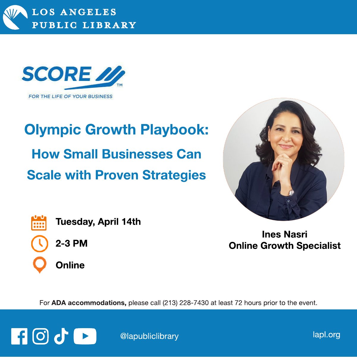 BusEconLAPL's tweet image. Major global events such as the Olympics bring massive opportunities for small businesses. In this virtual event with @inesnasriWP learn to capture that growth and scale with proven strategies. Register today: tinyurl.com/lapl-buscen  
#smallbusiness #businessgrowth #scaleup