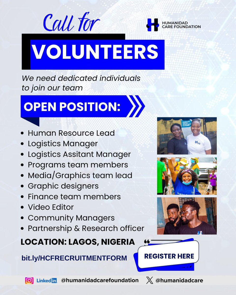 Humanidadcare's tweet photo. We’re growing, and this is your chance to be part of something meaningful.

We’re looking for committed and dependable individuals who are truly aligned with our vision for impact.

If this sounds like you, we need you.

Register here:
https://t.co/Dm1DGBZv5j https://t.co/g1BMiF6Qdf