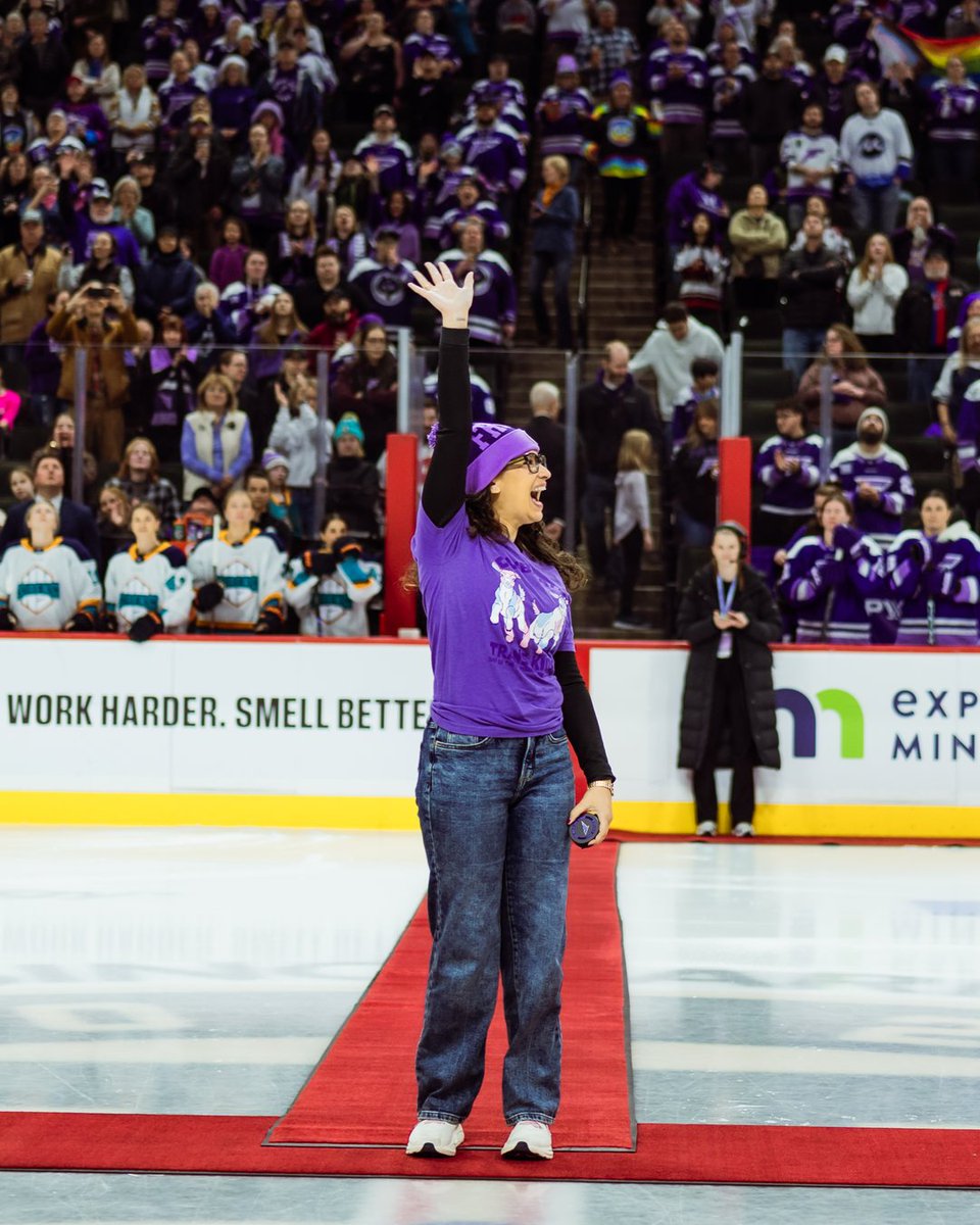 PWHL_Minnesota's tweet photo. In honor of our Pride celebration, we welcomed Minnesota State Senator Erin Maye Quade for our ceremonial puck drop!

Senator Maye Quade made history as the first openly lesbian member of the Minnesota State Senate and continues to be a strong voice for her community 💜 https://t.co/LU7cJdZ4SO