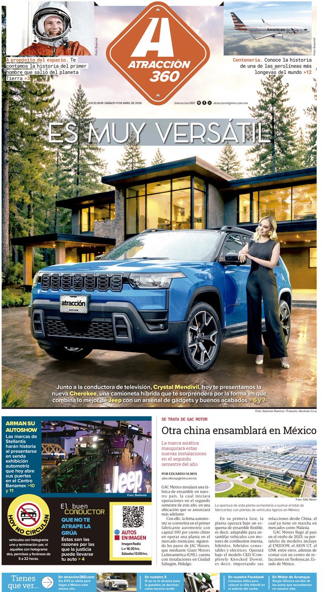 Atraccion360's tweet image. LA PORTADA DE HOY.

Junto a @MendivilCrystal, hoy te presentamos la nueva #Cherokee, una camioneta híbrida que te sorprenderá por la forma en que combina lo mejor de #Jeep con un arsenal de gadgets y buenos acabados.

¡Encuentra nuestro suplemento en @excelsior!