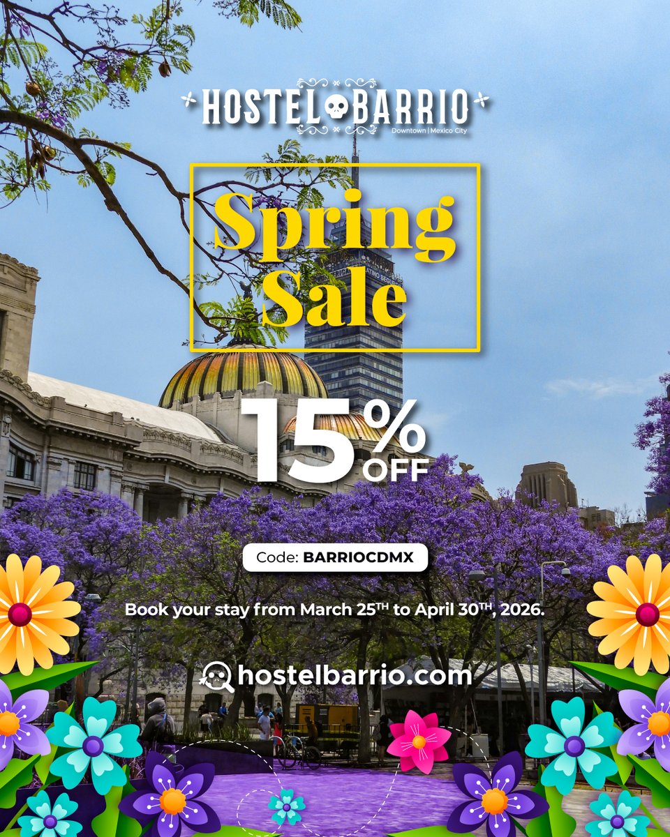Spring sale at Hostel Barrio 🌻
Get 15% OFF your stay using code:  BARRIOCDMX 
Spring in CDMX just got better 
Booking Window: March 25 to April 30.