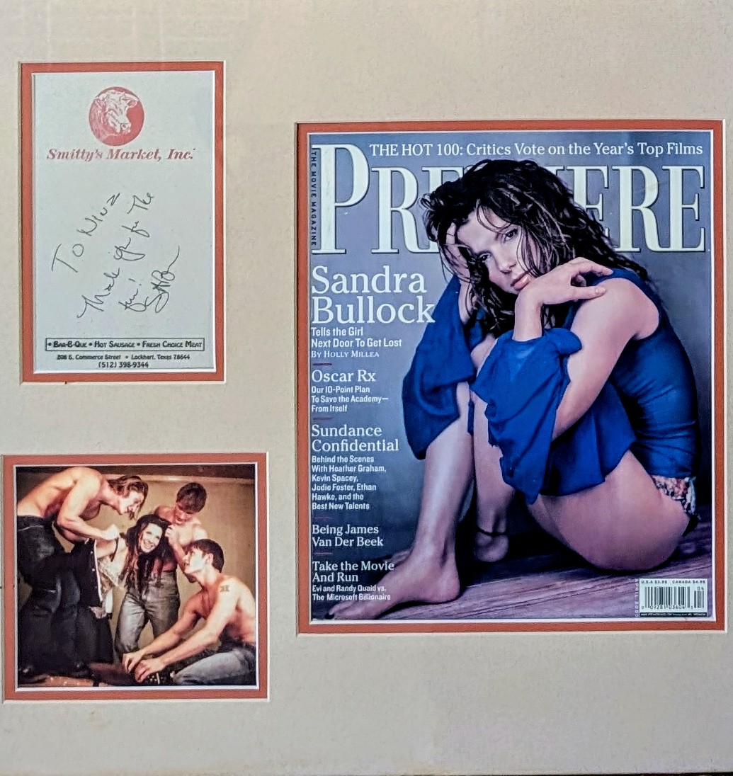 BBQpodcast's tweet photo. Upstairs at Smitty's BBQ dining room, we're told it was once a brothel.
Autographed Sandra Bullock poster and of course still can enjoy their unique sausage. https://t.co/tmbMayOmFP