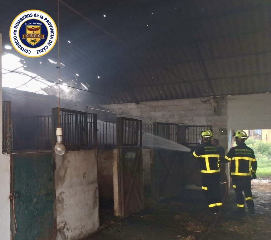 BomberosCbpc's tweet image. 🗓️11/4/26 ⏰11h

Efectivos del #CBPC de los parques #ElPuerto y #Jerez intervienen por incendio de pajar en establo en Los Desmontados, junto a vía de servicio de la A-491
Extinguimos con ayuda de un tractor
Afecta a una zona de 100 m² y 4m de altura
Sin daños personales

🧑🏼‍🚒9 🚒3